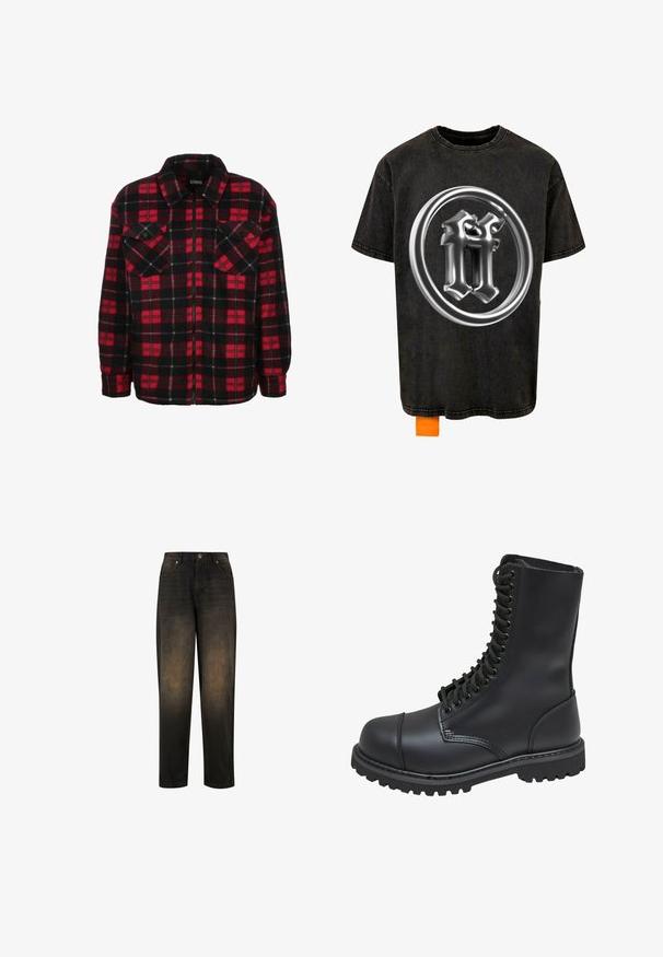 Rød og sort flannel skjortejakke med et ternet mønster, krave, to brystlommer og frontlynlås. Blød tekstur.; Forgotten Faces RADIANT LOGO ACID - T-shirts print - black; Mørk denim jeans med en let falmet finish, der har lige ben, fem lomme-design og metalknap lukning.; Sort læder kampstøvle med høj skaft, snørebånd foran, polstret krave og en robust tekstureret sål for godt greb. Har forstærket tåhætte.