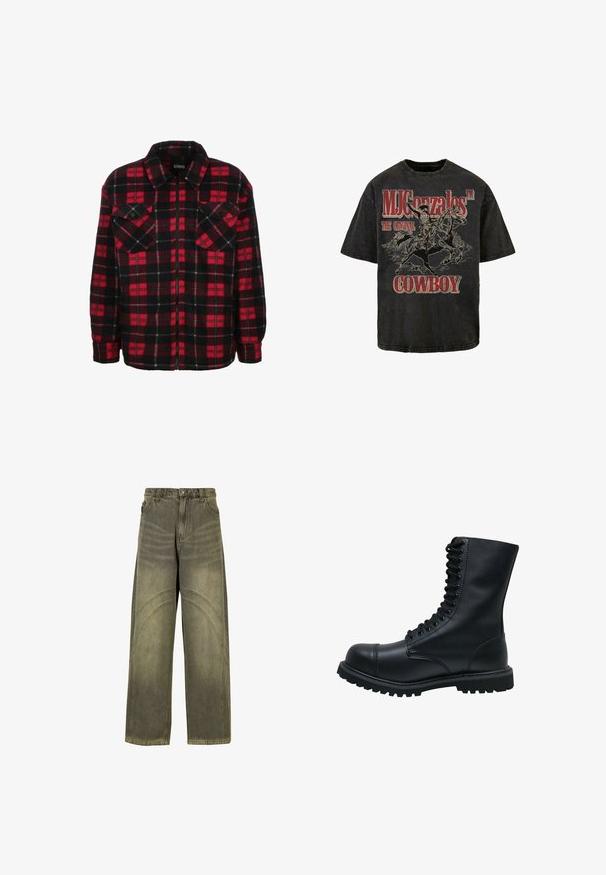 Rood en zwart flanellen shirtjack met een ruitpatroon, een kraag, twee borstzakken en een ritssluiting aan de voorkant. Zachte textuur.; Zwarte graphic T-shirt met een cowboy op een paard, met "MJ Gonzales™ DE ORIGINELE COWBOY" in vette rode letters. Zacht katoen.; Wijde spijkerbroeken van olijfgroene denim, met gebogen naadaccenten, klassieke knoopsluiting en een vervaagde afwerking.; Zwarte leren veterschoen met een ronde neus, hoge schacht, dikke rubberen zool en een gestructureerd oppervlak. Heeft versterkte stiksels langs de naden.