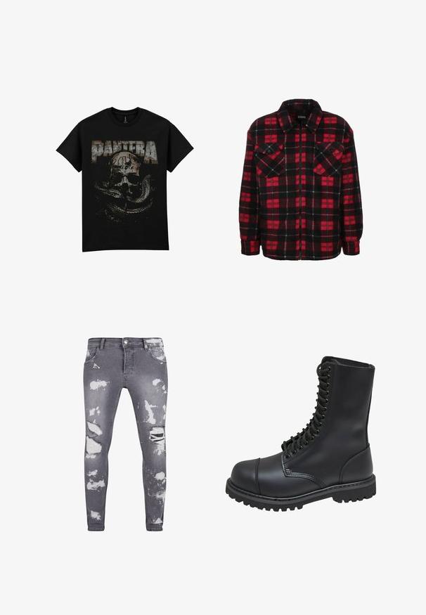 Rot-schwarze Flanelljacke mit Karomuster, kragenlosem Ausschnitt, zwei Brusttaschen und Reißverschluss vorne. Weicher Stoff.; Schwarzes Baumwoll-T-Shirt mit einem vintage Grafikdesign von einem Schädel und einer Schlange, versehen mit dem Wort "PANTERA" in großen, abgenutzten Buchstaben.; Schlanke Jeans in einem ausgewaschenen Grauton mit distressed Rissen. Merkmale sind ein Fünf-Taschen-Design und ein metallischer Knopfverschluss. Strukturierter Stoff.; Schwarze Lederkampfstiefel mit hohem Schaft, Schnürung an der Vorderseite, gepolstertem Kragen und rutschfester, strukturierter Sohle für guten Halt. Mit verstärkter Zehenkappe.