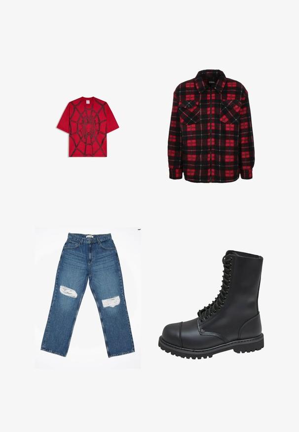 Rød og sort flannel skjortejakke med et ternet mønster, krave, to brystlommer og frontlynlås. Blød tekstur.; Rød T-shirt med korte ærmer og grafisk motiv af sort edderkop og spindelvæv på forsiden, Marvel-logo på kraveetiketten.; Lyseblå denimjeans med lige ben, der har to slidte knælapper og standard fem-lomme design.; Sort læder kampstøvle med høj skaft, snørebånd foran, polstret krave og en robust tekstureret sål for godt greb. Har forstærket tåhætte.