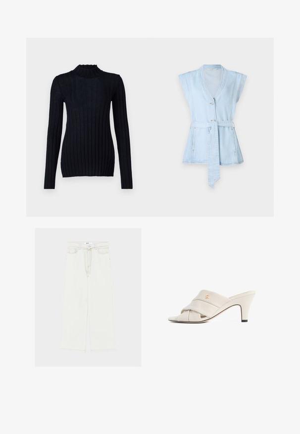Gilet en denim bleu clair à manches courtes, col en V, deux boutons et ceinture à la taille. Présente des coutures contrastées et une silhouette évasée.; Pull à col roulé côtelé marine avec des manches longues, présentant une silhouette ajustée et un détail de tissu texturé.; Jean blanc à jambe large avec taille haute, fermeture par bouton et cordon, poches avant, et coutures contrastées discrètes.; Mules à talons hauts beiges avec un design de bride en cuir torsadé, bout ouvert et motif de logo en relief. Le talon présente un détail d'embout noir.