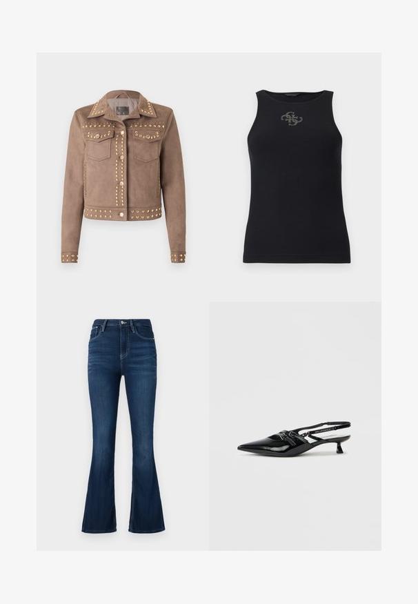 Veste en daim taupe avec des clous ronds dorés, fermeture à boutons sur le devant, deux poches à rabat sur la poitrine et manches longues sur fond blanc.; Haut sans manches noir à côtes avec encolure ronde et petit logo en strass centré près du col.; Jean flair taille haute en denim foncé. Dispose d'une fermeture à bouton et à glissière à l'avant, de passants de ceinture et d'une texture légèrement déchirée.; Chaussure slingback en cuir verni noir avec bout pointu, petit talon carré et bride ajustable ornée de détails découpés et d'accents logo.