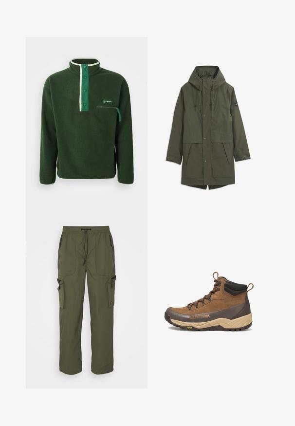 Chaqueta impermeable larga de color verde olivo con capucha, botones de presión delanteros, bolsillo en el pecho con cremallera y dos grandes bolsillos delanteros con solapa.; Polaire verde con cuello alto, que presenta una cremallera blanca en contraste, botones a presión y un bolsillo en el pecho con cremallera. Tejido texturizado.; Pantalones cargo verde oliva hechos de tela ligera, con una cintura elástica, cierre de cordón y múltiples bolsillos con cremallera.; Bota de senderismo de altura media en marrón y beige con collar acolchado negro, marca Gore-Tex, ojales de metal y suela Vibram.
