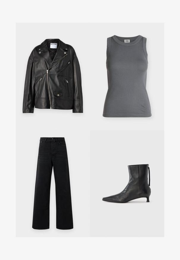 Sort lædermotorcykeljakke med notch-lapel, asymmetrisk frontlynlås og flere lynlåslommer. Har sølvfarvede hardware-detaljer.; Ærmeløs mørkegrå ribstrikket tanktop med rund halsudskæring og mærkeindvendigt i kraven.; Sorte højtaljede vid ben jeans med frontknap, lynlås, bæltestropper og klassisk fem-lomme stil.; Sort læderankelstøvle med spids tå, struktureret form og lav hæl. Har en sidesyning og minimalistisk design.