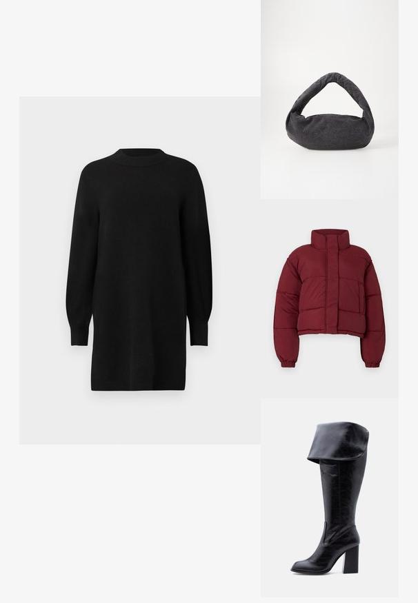 Burgundy cropped pufferjakke med høj krave, quiltemønster, elastiske manchetter og en frontlomme. Glat, polstret tekstur.; Sort strikket kjole med rund halsudskæring, lange puffærmer og ribbede manchetter. Enkel, lige silhuet. Glat tekstur.; Høj sort læderstøvle med hæl, foldet kant og rund tå, stående oprejst på en hvid baggrund.; Mørkegrå stofpose med et buet håndtag, blød tekstur og rund form. Ingen synligt hardware eller pynt.