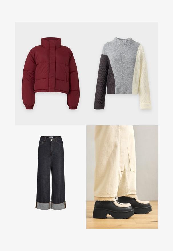 Burgundy cropped pufferjakke med høj krave, quiltemønster, elastiske manchetter og en frontlomme. Glat, polstret tekstur.; Chunky strikket sweater med farveblokdesign i grå, mørkebrun og creme, med høj hals og ribkant ved ærmerne og kanten.; Mørkeblå jeans med brede ben og opbuk ved kanterne, fem lommer og kontrastfuld gul syning.; Sorte platformstøvler med en rund tå, der har en fluffy cremefarvet krave og snøre detaljer, parret med løse beige bukser på et trægulv.