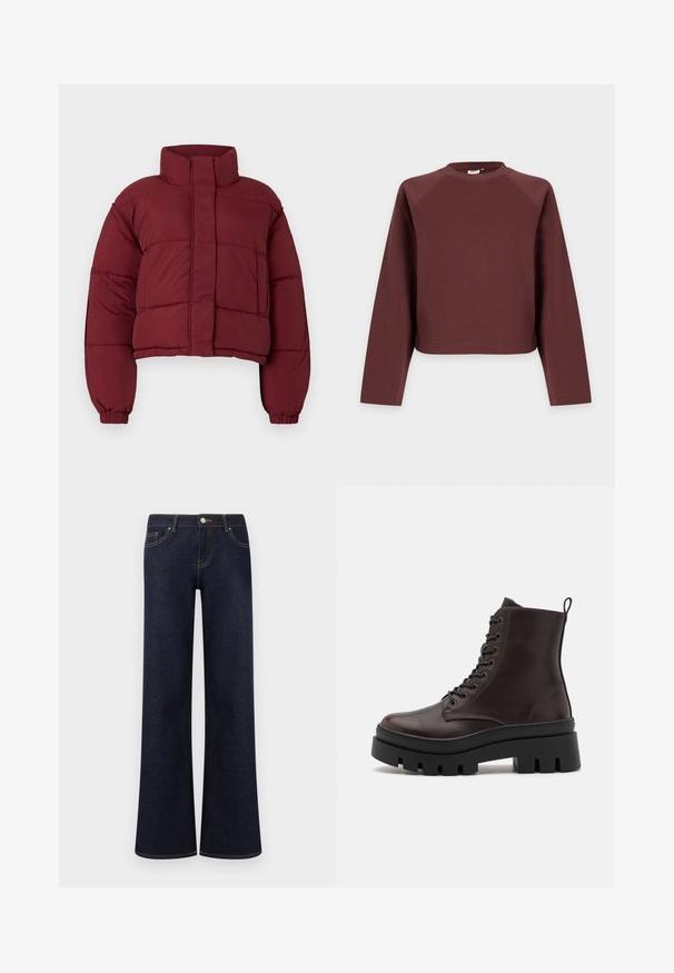 Burgundy cropped pufferjakke med høj krave, quiltemønster, elastiske manchetter og en frontlomme. Glat, polstret tekstur.; Langærmet, rund hals, ensfarvet brun sweatshirt med løs pasform, vist mod en lys grå baggrund.; Mørkeblå vidde denimjeans med forlommer, knap- og lynlåslukning samt synlige kontrastsyninger.; Brune læder ankelstøvler med en rund tå, sort kraftig sål og snørredetaljer. Har en bageste løkke for nem påtagning.