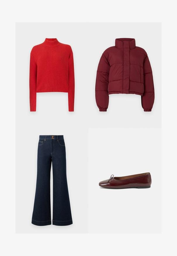 Burgundy cropped pufferjakke med høj krave, quiltemønster, elastiske manchetter og en frontlomme. Glat, polstret tekstur.; Rød ribbet trøje med høj hals, lange ærmer og cropped design. Stoffet ser blødt og strikket ud, med lodrette striber.; Mørkeblå denim jeans med bred flare, høj talje, forlommer og kontrastfarvet guldtråd. Har dobbelt knaplukning.; Bordeaux patentlæder balletflad med rund tå, lille sløjfeaccent foran og en lav, sort gummisål. Glat tekstur.