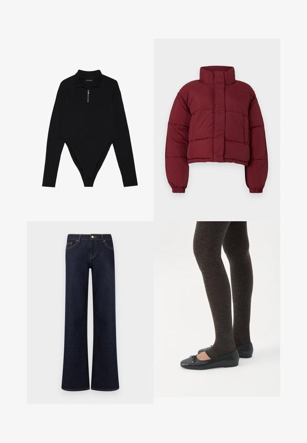 Veste rembourrée courte bordeaux avec col haut, design matelassé, poignets élastiques et poche avant. Texture lisse et rembourrée.; Bodysuit noir à manches longues avec un col haut, une demi-fermeture éclair et une coupe moulante avec un dos en thong. Texture de tissu lisse.; Jean en denim bleu foncé à jambes larges avec poches avant, fermeture par bouton et fermeture éclair, et coutures contrastantes visibles.; Jambes portant des leggings côtelés foncés associés à des ballerines noires avec de petits détails en nœud sur fond blanc.