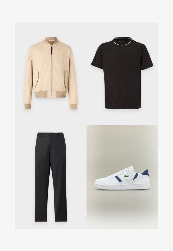 Beige Bomberjacke mit Frontreißverschluss, geripptem Kragen, Bündchen, Saum und schrägen Vordertaschen auf weißem Hintergrund.; Schwarzes T-Shirt mit kurzen Ärmeln und einem feinen, durchgehenden MK-Logo-Muster, das einen kontrastierenden weißen Kragenbesatz und eine lockere Passform aufweist.; Schwarze formelle Hose mit geraden Beinen, Gürtelschlaufen und verdecktem Frontverschluss, dargestellt vor weißem Hintergrund.; Weiße Lacoste-Sneaker mit marineblauen Akzenten, grünem Krokodil-Logo, Schnürdesign und markierten Sohlen auf neutralem Hintergrund.