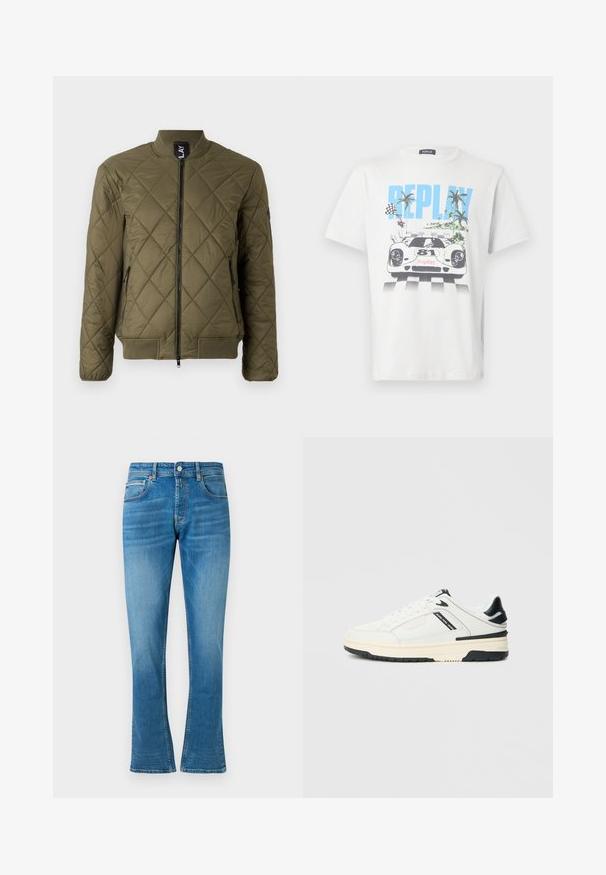 Olivgrüne, gesteppte Bomberjacke mit Reißverschluss, gerippten Bündchen und zwei seitlichen Reißverschluss-Taschen. Mit einem rautenförmigen Steppmuster.; Weißes Baumwoll-T-Shirt mit einem bunten Motiv eines Rennwagens, Palmen und Schachbrett-Flaggen, mit dem Schriftzug "REPLAY" gut sichtbar.; Blaue Denim- Schlagjeans mit normaler Taille, zwei Fronttaschen und leichter Abnutzung. Der Stoff hat eine weiche Textur und traditionelle Nähte.; Weißer Low-Top-Sneaker mit schwarzen Akzenten, cremefarbener Sohle, Schnürsenkeln und dem Schriftzug "Jeans Pepe" auf der Seitenfläche.