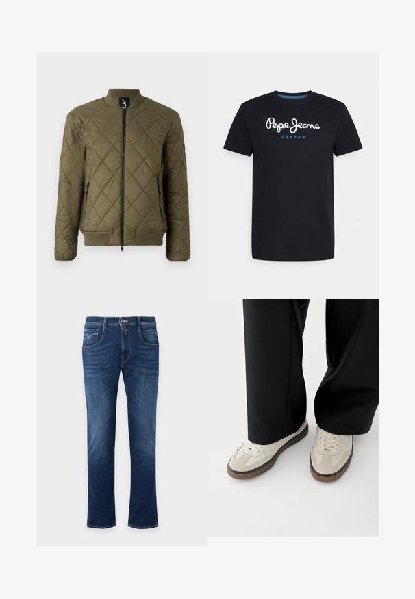 Olivgrüne, gesteppte Bomberjacke mit Reißverschluss, gerippten Bündchen und zwei seitlichen Reißverschluss-Taschen. Mit einem rautenförmigen Steppmuster.; Schwarzes Baumwoll-T-Shirt mit einem weißen Schriftlogo "Pepe Jeans" und blauen Akzenten, Rundhals und kurzen Ärmeln. Einfaches, schlichtes Design.; Dunkelblaue Straight-Leg-Jeans mit vorderem Knopf, Reißverschluss und Fünf-Taschen-Design.; Füße mit beigen Sneakers mit braunen Sohlen und schwarzen Hosen mit weitem Bein auf weißem Hintergrund.