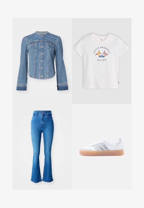 Lichtblauwe spijkerjack met een mandarinnekraag, knoopsluiting aan de voorkant, twee borstzakken en omslagmouwen. Licht cropped fit.; Wit Levi's T-shirt met korte mouwen, gekruiste gele en rode vlaggen en tekst "Levi's Original Since 1873" voor midden.; Hoogwaardige blauwe denim jeans met een wijde onderkant, voorzien van een twee-knops sluiting, vijf zakken en een gladde, gestructureerde afwerking.; Witte lage sneaker met gumzool, zilverkleurige gestreepte zijkanten en veterluiting, afgebeeld tegen een effen lichte achtergrond.