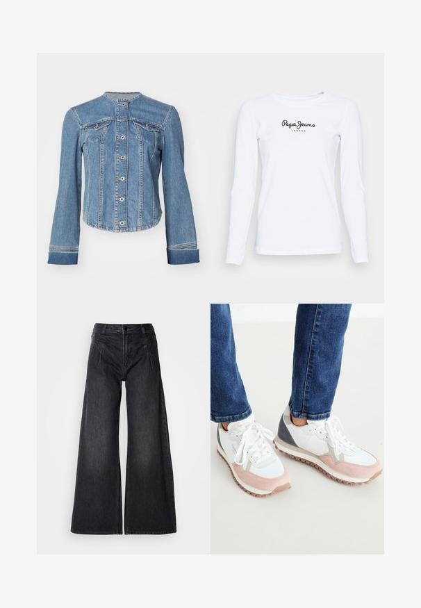 Veste en denim bleu clair avec un col mandarin, fermeture à boutons sur le devant, deux poches sur la poitrine et des manches longues retroussées. Coupe légèrement cropped.; T-shirt blanc à manches longues en tissu doux, arborant le logo "Pepe Jeans London" en noir à l'avant. Design simple et ajusté.; Jean large noir en denim, avec taille haute, deux poches à l'avant et des coutures visibles, présentant une finition texturée subtile.; Baskets blanches et rose clair avec des accents gris, dotées d'une tige en daim et mesh, d'une semelle en caoutchouc et de lacets ronds.