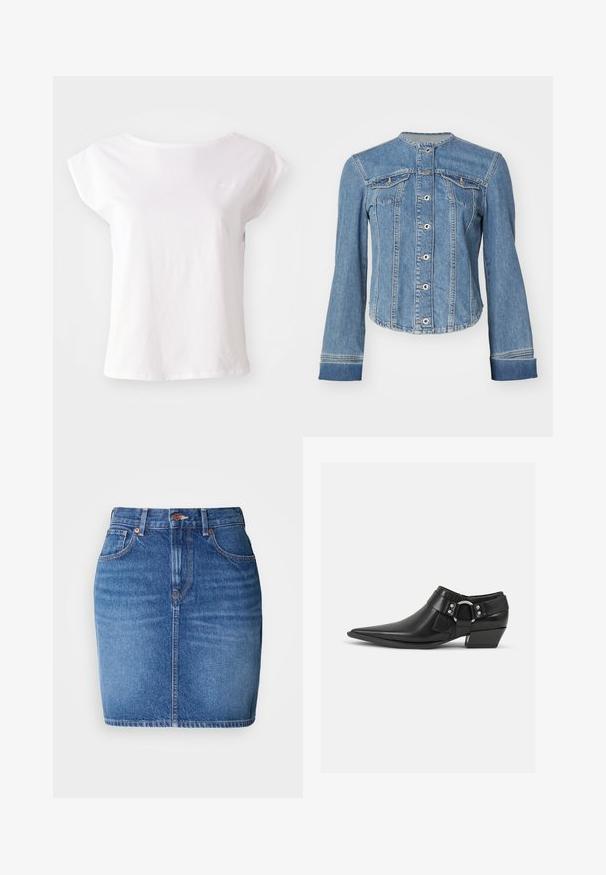 Hellblaues Denim-Jacket mit Stehkragen, Knopfverschluss vorne, zwei Brusttaschen und umgeschlagenen langen Ärmeln. Leicht taillierte Passform.; Weißes T-Shirt mit kurzen Ärmeln aus Baumwolle, mit Rundhalsausschnitt und lockerem Schnitt. Mit dezentem Logo-Akzent auf der Brust.; Jeansrock in mittlerem Blau mit figurbetontem Schnitt, Knopfverschluss, fünf Taschen und kontrastierenden orangefarbenen Steppnähten.; Schwarze Leder-Ankle-Boots mit spitzem Zeh, ausgestattet mit einem vorderen Leder-Riemen und einem silbernen Schnallendetail sowie einem niedrigen Blockabsatz.