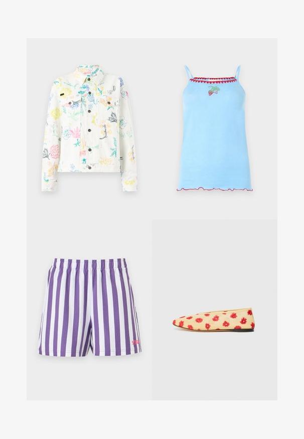 Soulland DECLAN JACKET - Veste en jean - white; Haut bleu clair sans manches avec fines bretelles, bordure rouge en forme de vagues et petit motif de fraise brodé sur la poitrine.; Shorts à rayures verticales violet et blanc avec taille élastique et petit logo rouge en bas de la jambe droite.; Chaussure plate avec une tige en tissu jaune ornée d'un motif floral en rouge. Bout pointu, design minimaliste et semelle en caoutchouc noir.