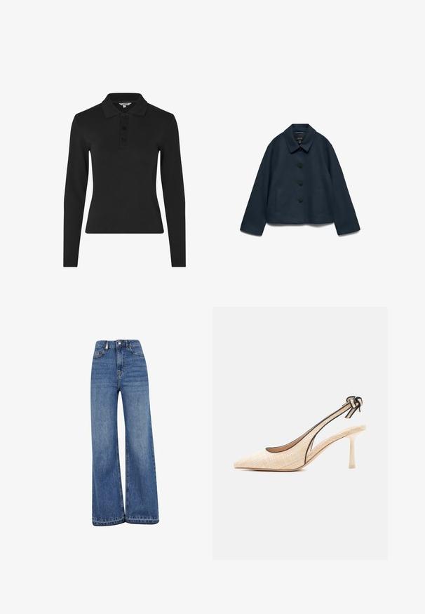 Marineblauwe jas van gestructureerde stof, met een kraag, vijf zwarte knopen en twee zijzakken. Cropped ontwerp.; Zwarte polo met lange mouwen van ribstof, met een klassieke kraag en drie knopen aan de voorkant.; Brede blauwe jeans van denim, met een hoge taille, klassieke vijf-pocket styling en een rechte zoom met minimale vervaging.; Beige gevlochten slingback pumps met spitse neus, dunne stilettohak, zwarte bies en strikdetail op de enkelriem.