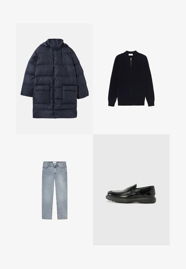 Marineblå puffjakke med hætte, der har en knaplukning foran, to store frontlommer og et quiltet design til isolering.; Ribbede mørkeblå sweater med polo-krave, halv lynlås foran og lange ærmer. Lavet af et blødt strikstof.; Lyseblå denimjeans med lige pasform, fem-pocket design, knaplukning, subtilt slid og syet detaljer langs lommerne.; Sort læderloafer med en blank finish, rund tå, subtile syninger og en tyk gummisål for holdbarhed.