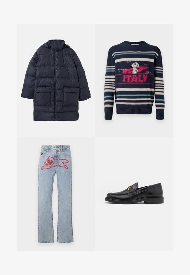 Marineblå puffjakke med hætte, der har en knaplukning foran, to store frontlommer og et quiltet design til isolering.; Iceberg MAGLIA GIROCOLLO - Striktrøje - blu classico; Lyseblå denimjeans med lige ben, med et stort rød, tegneserieagtigt kattegrafik på bagsiden og traditionel fem-lomme styling.; Sorte læder loafers med en rund tå, der har guld hardware accent og syningsdetaljer, placeret på en lav, tekstureret gummisål.