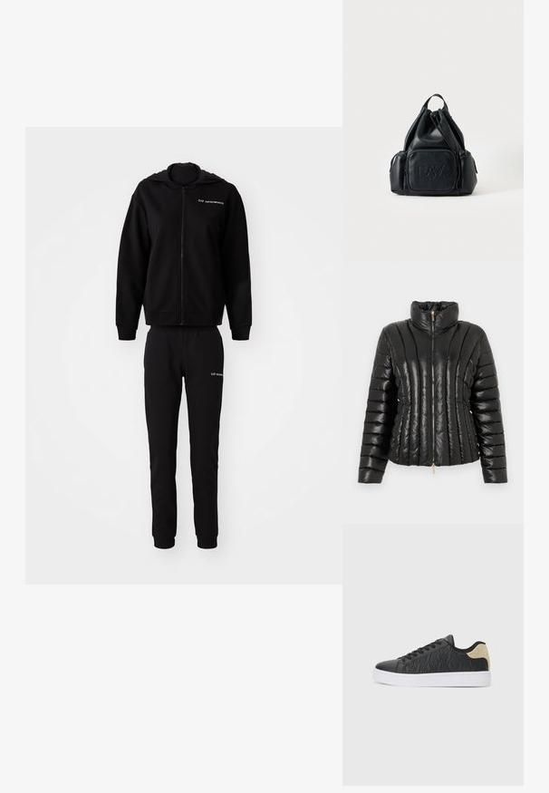 Chaqueta acolchada negra hecha de material brillante, con un alto cuello, cierre frontal con cremallera y un patrón de acolchado horizontal.; Sudadera negra y pantalones jogger a juego, hechos de una tela suave. Sudadera con capucha y cierre de cremallera, puños y cintura elásticos. Logo impreso en ambas piezas.; Zapatilla negra con parte superior texturizada que presenta patrones geométricos, media suela blanca y un acento dorado en el talón. Diseño de cordones. Suela plana.; Mochila negra de cuero con cordón, con bolsillos delanteros y laterales con cremallera, con el logo "EA7 Emporio Armani" en relieve en el bolsillo delantero.