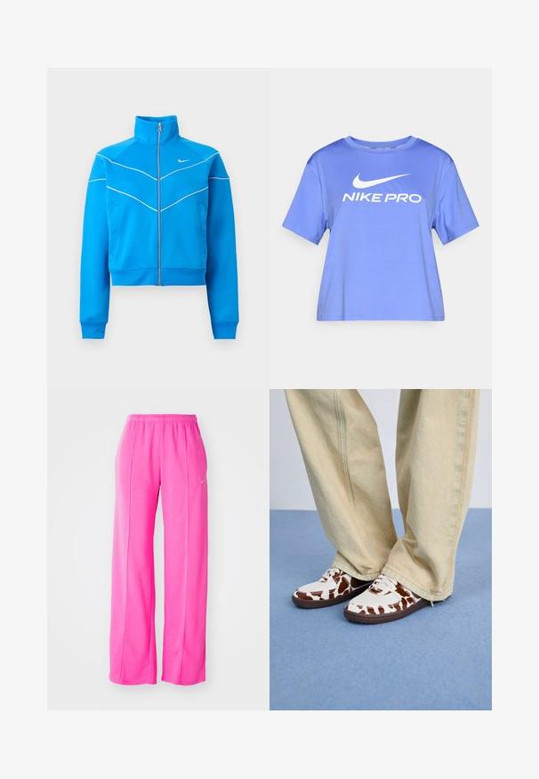 Klar blå sportsjakke med lynlås og høj krave, hvid piping, sidelommer og lille hvid Nike-logo på brystet.; Blå Nike Pro T-shirt med korte ærmer, lavet af letvægtsstof, med en hvid logo på brystet og et løstsiddende design.; Lyserøde, løstsiddende, letvægts sweatsbukser med elastisk talje og sidesømme. Har et lille logo nær den øverste venstre lår.; Hvide og brune mønstrede sneakers i mesh og læder med brune gummisåler. Matchet med lyse beige bukser med vide ben.