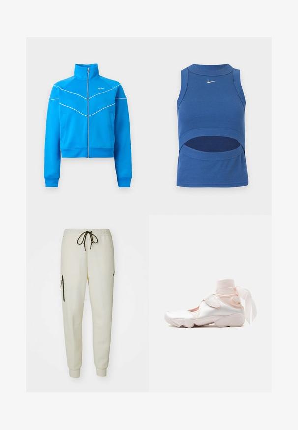 Klar blå sportsjakke med lynlås og høj krave, hvid piping, sidelommer og lille hvid Nike-logo på brystet.; Blå ærmeløs Nike crop top med høj hals og udskæring ved maven, ribbet stof og hvid Swoosh-logo foran midt på.; Cremefarvede joggerbukser med elastisk talje, justerbar snor, sidelommer og en lynlåslomme på venstre lår.; Hvid og lyserød sneaker med blødt stofankelomslag bundet i en sløjfe, med justerbar rem og rundet sål.