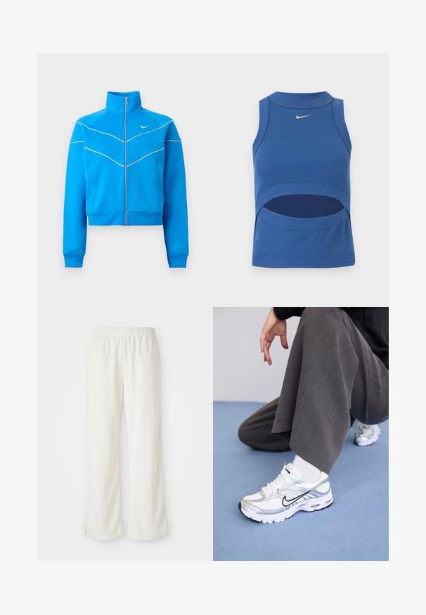Svetlomodrá športová bunda na zips s vysokým golierom, bielymi pásikmi, bočnými vreckami a malým bielym logom Nike na hrudi.; Modrý bezrukávový crop top Nike s vysokým golierom a výrezom na bruchu, rebrovaná látka a biely logo Swoosh vpredu v strede.; Krémyové nohavice s širokým strihom, vyrobené z ľahkého materiálu, s vertikálnymi pruhmi a elastickým pásom.; Biele a strieborné športové topánky s jemnou sieťovinou a syntetickými materiálmi, so čiernymi akcentmi, šnúrkami a textúrovanými podrážkami.
