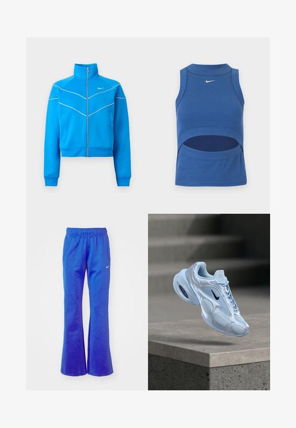 Klar blå sportsjakke med lynlås og høj krave, hvid piping, sidelommer og lille hvid Nike-logo på brystet.; Blå ærmeløs Nike crop top med høj hals og udskæring ved maven, ribbet stof og hvid Swoosh-logo foran midt på.; Bredde sportbukser i lys blå, med elastisk talje, to sidelommer og et lille hvidt logo foran.; Lyseblå sportssko med meshpaneler, rundet silhuet, teksturerede detaljer og sort logo. Har synlig luftpolstring i sålen.