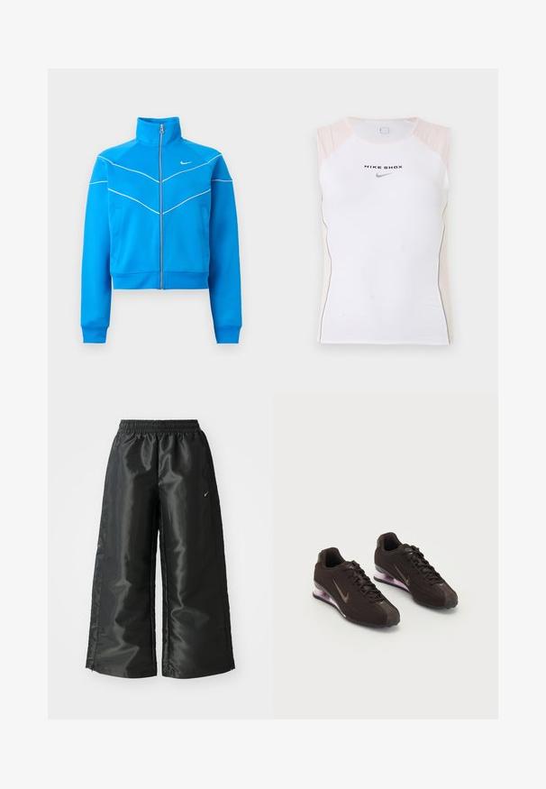 Klar blå sportsjakke med lynlås og høj krave, hvid piping, sidelommer og lille hvid Nike-logo på brystet.; Hvid ærmeløs træningstop med beige skulderdetaljer, teksten "NIKE SHOX" og et sort Nike swoosh-logo på brystet.; Sorte sportsbukser i et blankt, glat stof med en elastisk talje, brede ben og et lille logo på venstre side.; Sorte atletiksko med en tekstureret overdel, brune detaljer og en lilla luftfyldt sål. Snørebåndsdesign med fremtrædende branding.