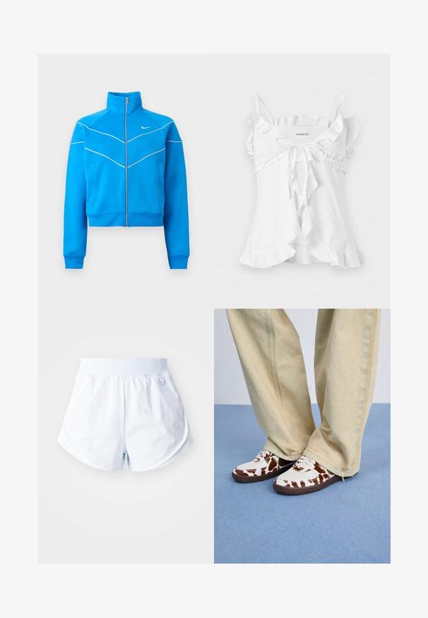 Kirkkaan sininen vetoketjullinen urheilutakki, jossa on korkea kaulus, valkoiset reunaviivat, sivutaskut ja pieni valkoinen Nike-logo rinnassa.; Valkoinen hihaton paita ohuilla olkaimilla, röyhelöreunuksella, edestä solmittavalla ruseteilla ja liehuvalla helmareunuksella.; Vaaleansiniset urheilushortsit, joissa on ribbireunus vyötäröllä, kaareva helma ja valkoiset sivuvaatteet. Valmistettu pehmeästä ja kevyestä materiaalista.; Valkoiset ja ruskeat kuvioidut lenkkarit, joissa on verkko- ja nahkamateriaalit, ruskeilla kumipohjilla. Yhdistetty vaaleanbeigeihin leveänlahkeisiin housuihin.