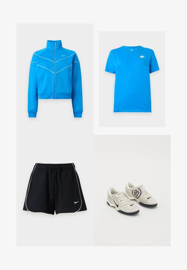 Felblauw sportjack met ritssluiting, hoge kraag, witte biezen, steekzakken en klein wit Nike-logo op de borst.; Blauw short-sleeve Nike T-shirt met ronde hals en wit Nike-logo op de bovenste linkerborst tegen een effen achtergrond.; Zwarte atletische korte broek met witte biezen langs de randen, elastische tailleband met trekkoord en klein wit Nike-vinkje op het onderste linkerbeen.; Nike sneakers met een beige en grijze textuur bovenkant, zwarte accenten, een groot "90" logo en een witte vetersluiting. Zwarte zool.