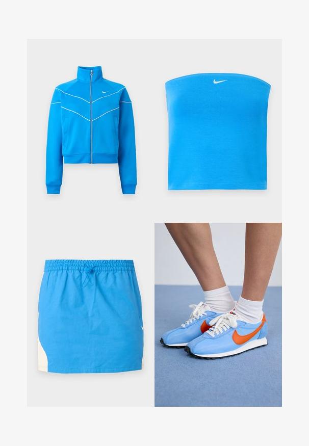 Klar blå sportsjakke med lynlås og høj krave, hvid piping, sidelommer og lille hvid Nike-logo på brystet.; Lyseblå Nike tube top uden stropper med hvid Swoosh-logo centreret nær den øverste kant.; Blå atletisk nederdel med elastik i taljen og snøre, med hvide sidepaneler og et lille hvidt Nike-logo på højre side.; Blå mesh- og ruskinds sneakers med orange accenter og hvide snørebånd. Sort gummisål. Båret med hvide crew-sokker på en blå overflade.