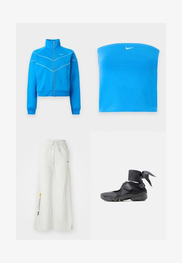 Klar blå sportsjakke med lynlås og høj krave, hvid piping, sidelommer og lille hvid Nike-logo på brystet.; Lyseblå Nike tube top uden stropper med hvid Swoosh-logo centreret nær den øverste kant.; Hvide, brede sweatsbukser med elastisk talje, snøre, sidespalter, sort Nike-logo og kontrasterende gul grafisk tekst.; Sort atletiksko med udskæringer, velcrolukninger og ankelrem bundet i en sløjfe, vist fra siden på en hvid baggrund.