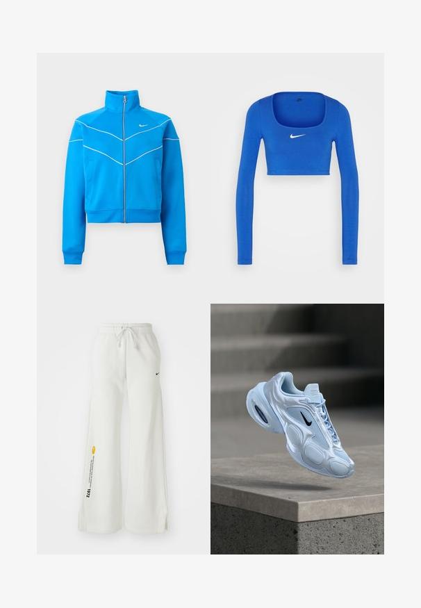 Erksinine lukuga spordijakk kõrge kraega, valge ääristusega, küljetaskutega ja väike valge Nike logo rinnal.; Nike Sportswear W NSW LS CROP TOP SW - Pikkade varrukatega topp - game royal/phantom; Valged laiad dressipüksid elastse vöökoha, nööriga, külgslitidega, musta Nike logoga ja kontrastse kollase graafilise tekstiga.; hele sinise spordijalats võrkpaneelidega, ümarate joontega, tekstureeritud detailidega ja musta logoga. Omaduseks nähtav õhkpadjandus tallas.
