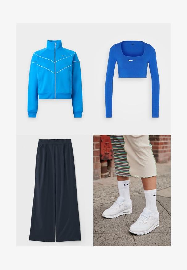Svetlomodrá športová bunda na zips s vysokým golierom, bielymi pásikmi, bočnými vreckami a malým bielym logom Nike na hrudi.; Nike Sportswear W NSW LS CROP TOP SW - Top s dlhým rukávom - game royal/phantom; Tmavomodré nohavice s širokými nohavicami vyrobené z mäkkej tkaniny; obsahujú elastický pás a dve bočné vrecká pre pohodlie.; Biele tenisky Nike Air Max 90 s vrchnou časťou z kombinácie sieťovaného a koženého materiálu, s viditeľnou vzduchovou jednotkou, v kombinácii s bielymi rebrovanými ponožkami s čiernym logom.