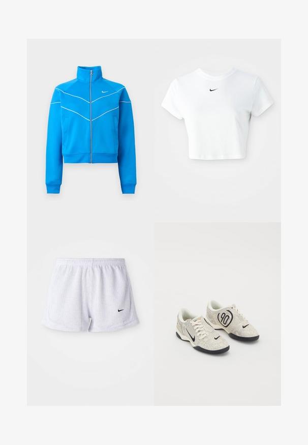 Svetlomodrá športová bunda na zips s vysokým golierom, bielymi pásikmi, bočnými vreckami a malým bielym logom Nike na hrudi.; Biely skrátený tričko vyrobené z bavlny, s krátkymi rukávmi a okrúhlym výstrihom, s čiernym logom Nike na hrudi.; Biele, rebrované športové šortky s elastickým pásom a malým čiernym logom Nike na dolnej ľavej strane. Jednoduchý, minimalistický dizajn.; Nike tenisky s béžovým a šedým štruktúrovaným zvrškom, čiernymi akcentmi, veľkým logom "90" a bielym šnurovaním. Čierna podrážka.