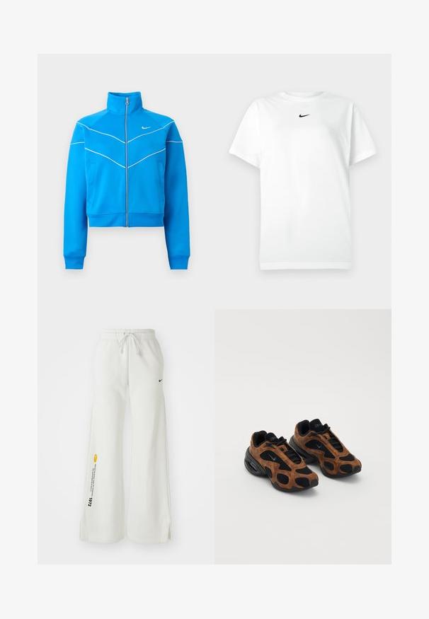 Chaqueta deportiva azul brillante con cremallera, cuello alto, diseño de ribete blanco, bolsillos laterales y pequeño logo blanco de Nike en el pecho.; Camiseta de manga corta blanca con cuello redondo y pequeño logo de Nike en negro centrado debajo del escote.; Pantalones de chándal blancos y de pierna ancha con cintura elástica, cordón, aberturas laterales, logo negro de Nike y texto gráfico en amarillo contrastante.; Zapatillas de ante marrón y malla negra con forma redondeada, que presentan recortes prominentes y una suela negra gruesa.