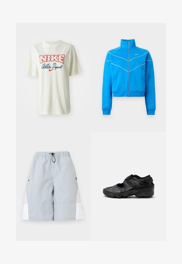 Klar blå sportsjakke med lynlås og høj krave, hvid piping, sidelommer og lille hvid Nike-logo på brystet.; Hvid bomulds t-shirt med rød og blå "NIKE" logo med teksten "Just Do It" ovenover og "Athletic Depart." nedenfor, korte ærmer, rund hals.; Lysegrå atletikshorts med hvide sidepaneler, elastisk linning og sort snor, vist på en ensfarvet baggrund.; Sort atletisk sandal med lukket tå, velcro stropper ved mellemfoden og hælen samt tyk polstret sål markeret med "AIR" på siden.