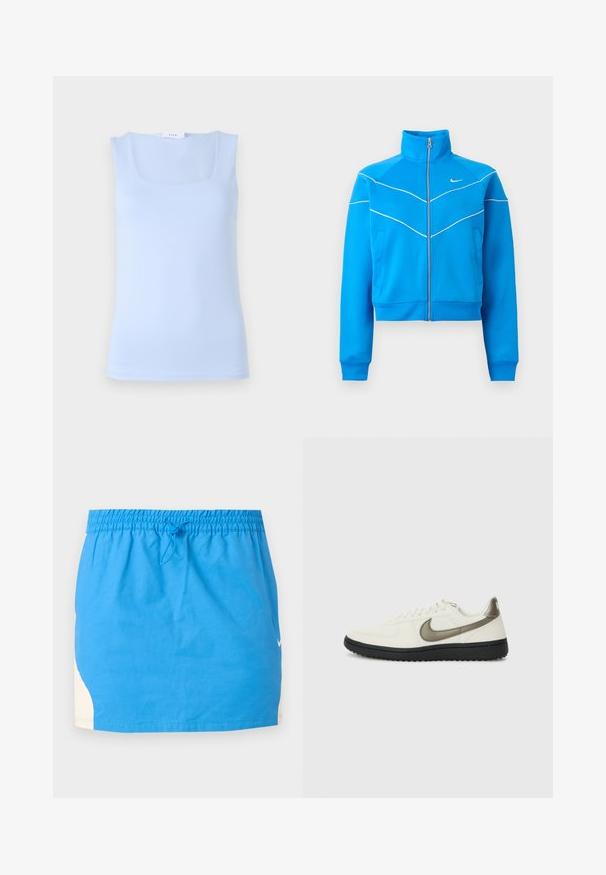 Svetlomodrá športová bunda na zips s vysokým golierom, bielymi pásikmi, bočnými vreckami a malým bielym logom Nike na hrudi.; Svetlomodrý top bez rukávov so štvorcovým výstrihom, vyrobený z hladkej tkaniny, s priliehavým strihom a minimalistickou siluetou.; Modrá športová sukňa s elastickým pásom a sťahovacou šnúrkou, s bielymi bočnými panelmi a malým bielym logom Nike na pravej strane.; Nike Sportswear FIELD GENERAL - Tenisky - off-white/black