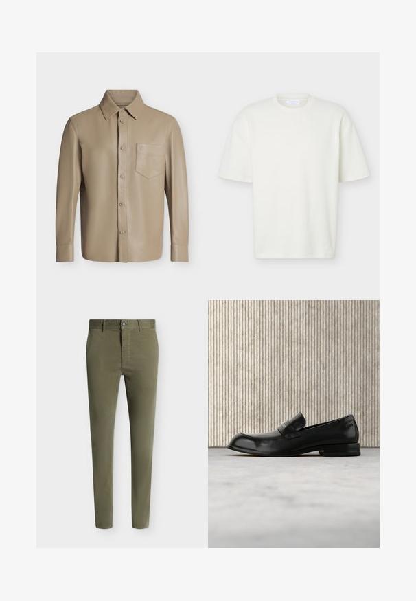 Chemise en cuir beige à manches longues avec boutons, poche poitrine et col pointu, présentée à plat sur un fond clair.; T-shirt blanc texturé à manches courtes, col rond, coupe régulière et petite étiquette de marque à l'intérieur du col.; Pantalon slim vert olive avec fermeture bouton et zip, passants pour ceinture et jambes fuselées sur fond clair.; Mocassin en cuir noir avec un accent métallique, présenté en lévitation au-dessus d'un tapis beige, avec une table ronde de couleur ambre en arrière-plan.