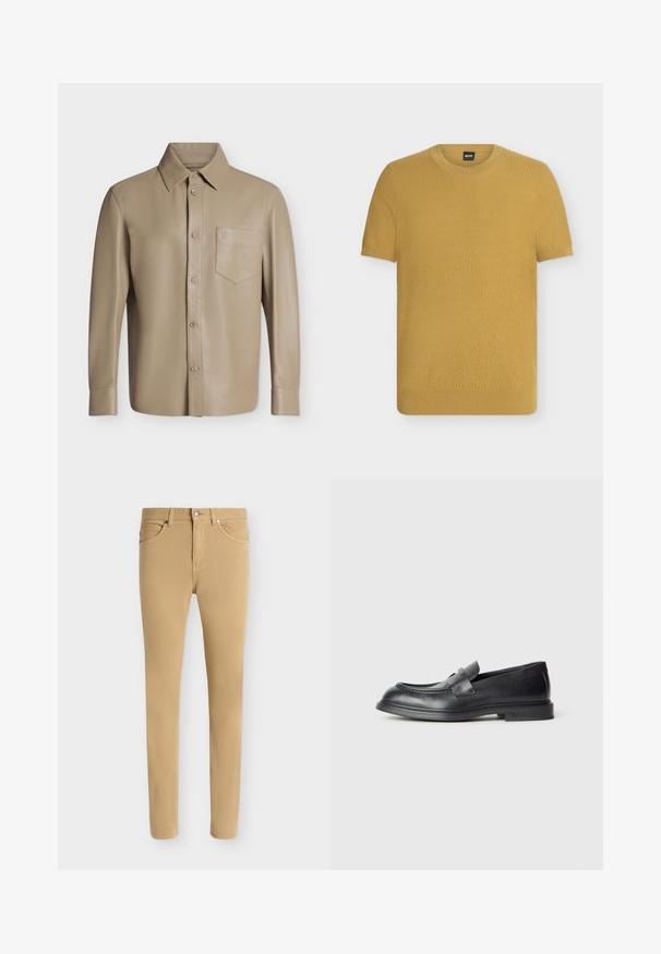 Chemise en cuir beige à manches longues avec boutons, poche poitrine et col pointu, présentée à plat sur un fond clair.; Chemise en maille jaune moutarde à manches courtes, col rond et motif texturé subtil, présentée sur fond blanc.; Pantalon beige slim fit avec fermeture avant boutonnée et zip, design cinq poches et passants de ceinture sur fond blanc uni.; Mocassins en cuir noir avec une finition texturée, dotés d'une bride décorative à l'avant et d'un bout arrondi. Semelle en caoutchouc pour plus de durabilité.