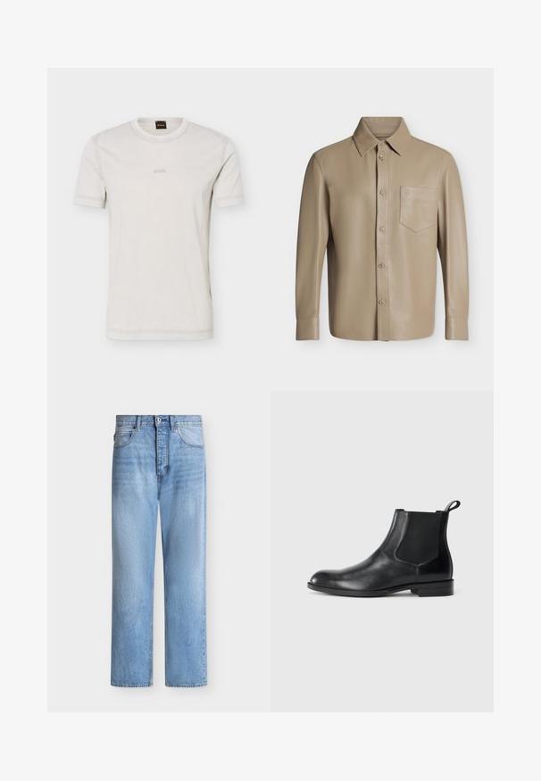 Chemise en cuir beige à manches longues avec boutons, poche poitrine et col pointu, présentée à plat sur un fond clair.; T-shirt à manches courtes couleur blanc cassé avec col rond et logo "BOSS" discret sur la poitrine, accompagné d'une étiquette noire au col portant l'inscription "BOSS" en orange.; Jean droit en denim bleu clair avec fermeture par bouton et zip, poches avant et arrière, et passants de ceinture à la taille.; Bottine en cuir noir avec des panneaux latéraux élastiques, bout rond et tirette. Texture lisse, semelle plate, design minimaliste.