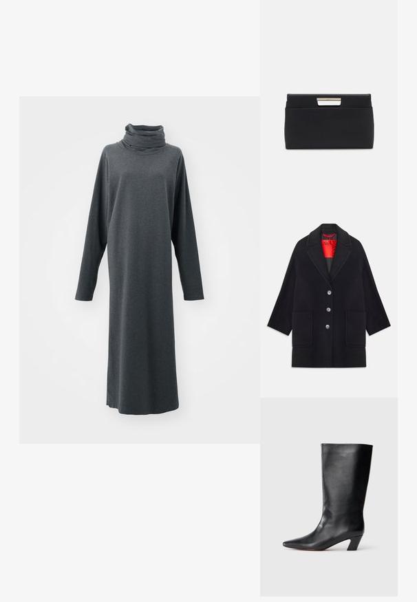 Sort uldfrakke med en struktureret design, lange ærmer, to forlommer og fem knaplukninger. Foret med klart rødt stof.; Lang, mørkegrå kjole lavet af blødt stof. Har en hulkrave og lange ærmer. Lige snit med et minimalistisk design.; Knæhøje sorte læderstøvler med spidse tæer, vinklede blokhæle og glat overflade. Minimalistisk design uden synlige dekorationer.; Sort læder clutch taske med rektangulær form. Har et metalhåndtagsaccent ved lukningen, glat tekstur og minimalistisk design.
