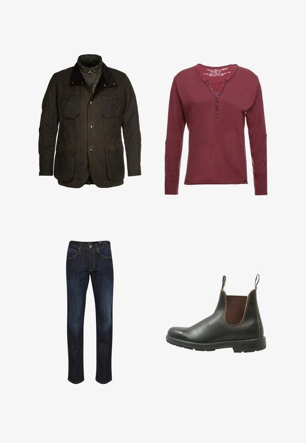 Barbour OGSTON JACKET - Jas - olive; Bordeaux langemouwenshirt met een Henley-halslijn, vijf knopen en een zachte textuur. Heeft een label binnenin met merk- en maatgegevens.; Donkerblauwe spijkerbroeken met een recht model, vijf zakken, gouden stiksels en een gladde textuur. JButtonsluiting in de taille.; Chelsea-boots van glad zwart leer met bruine elastische zijpanelen, contrasterende stiksels en een gestructureerde rubberen zool.