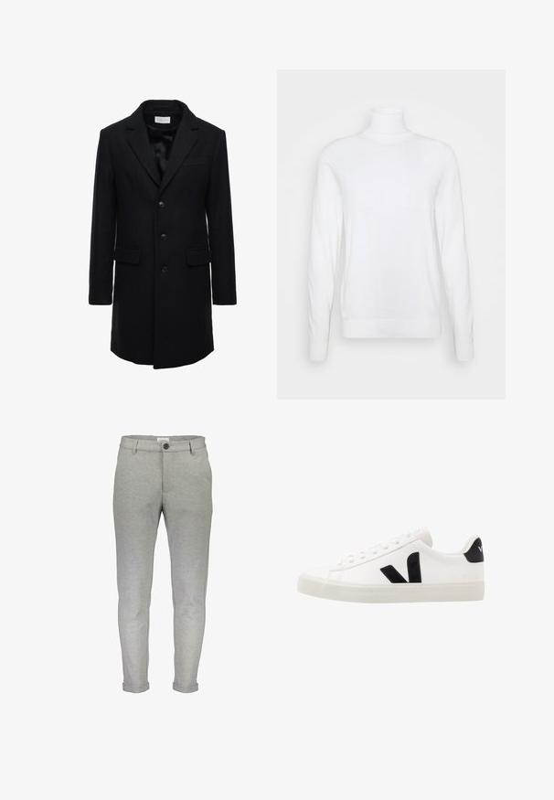 Mørk navy uldfrakke med skræddersyet pasform, enkelt knaplukning, spidse klapper og to forlommer, med knaplukning.; Hvid turtleneck sweater med lange ærmer, lavet af glat stof. Har et tætsiddende design og ribbede manchetter og kant. Ingen mønstre eller accenter.; Lysegrå sweatpants med slim fit, elastisk talje, frontknaplukning og opslåede manchetter. Lavet af et blødt, tekstureret stof.; Hvide lædersneakers med sorte ruskindsdetaljer; har en gummisål, rund tå og klassisk snørebåndsdesign. Side logo i sort.