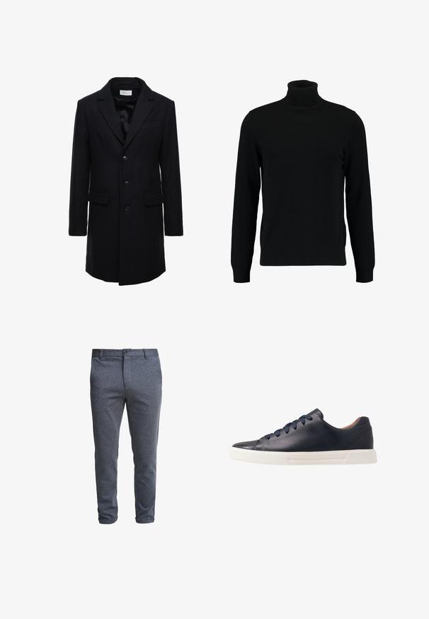 Manteau en laine bleu marine foncé au fit ajusté, à boutonnage simple, avec revers en pointe et deux poches à l'avant, doté d'une fermeture à bouton.; Un pull à col roulé noir en matière tricotée douce. Il possède des manches longues, un col et un ourlet côtelés. Son design est simple et épuré, sans motifs.; Pantalon ajusté gris foncé pour homme avec fermeture à boutons et passants pour ceinture, présenté sur un fond blanc.; Baskets en cuir bleu marine avec une finition lisse, semelle en caoutchouc blanc plat, bout arrondi et six lacets bleu marine passés à travers des œillets ronds.