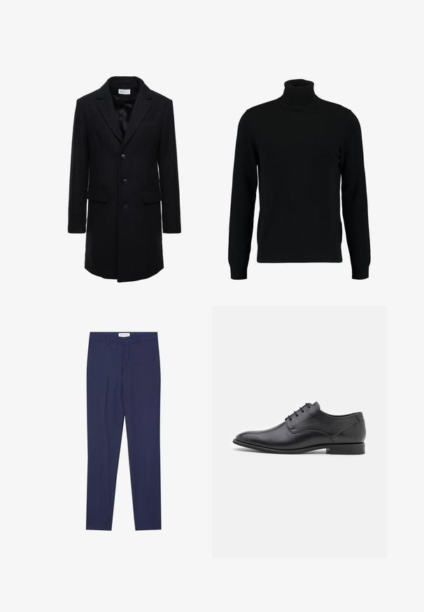Mørk navy uldfrakke med skræddersyet pasform, enkelt knaplukning, spidse klapper og to forlommer, med knaplukning.; Sort turtleneck sweater lavet af et blødt strikmateriale. Har lange ærmer, ribbet krave og kant. Enkel, slank design uden mønstre.; Marineblå bukser i glat stof med flad front, to sidelommer, lynlås i front og ren nederkant uden mønstre eller accenter.; Sorte læderdressko med en glat tekstur, spids tå, lav hæl og seks snørrehuller. Simpelt design uden udsmykninger.