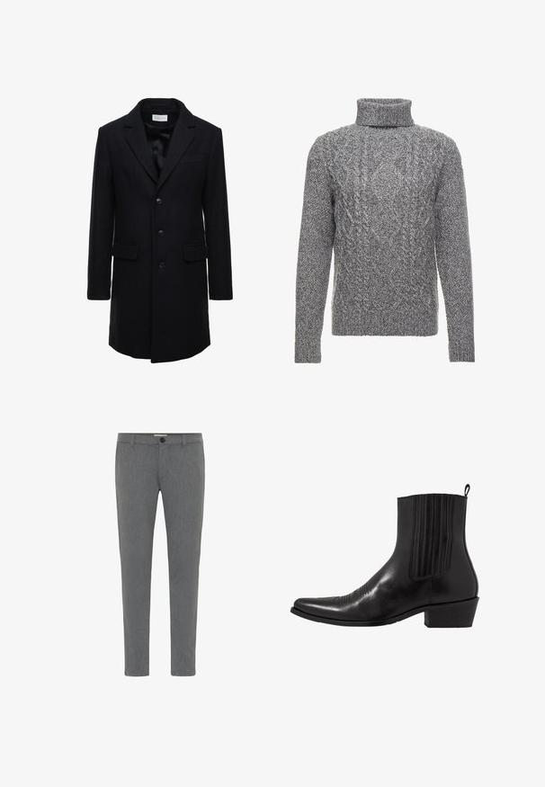 Manteau en laine bleu marine foncé au fit ajusté, à boutonnage simple, avec revers en pointe et deux poches à l'avant, doté d'une fermeture à bouton.; Pull en maille grise avec col roulé haut et manches longues. La texture présente des motifs complexes à travers le vêtement.; Pantalons gris sur mesure en tissu texturé, avec une taille standard dotée de passants de ceinture, une fermeture éclair et un bouton unique.; Bottine noire en cuir avec un bout pointu, des panneaux latéraux élastiques, des accents de coutures verticales et un petit talon bloc.