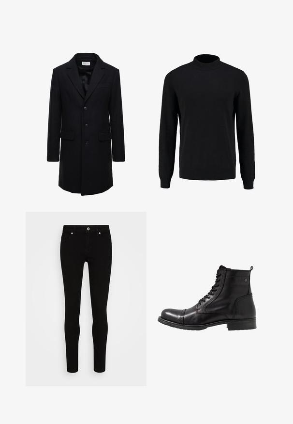 Manteau en laine bleu marine foncé au fit ajusté, à boutonnage simple, avec revers en pointe et deux poches à l'avant, doté d'une fermeture à bouton.; Pull en maille noir avec un col montant, des manches longues, et des poignets et un ourlet côtelés, présentant une texture lisse et une silhouette classique.; Jean skinny noir avec une texture lisse, conception à cinq poches, fermeture à bouton sur le devant et silhouette épurée. Style minimaliste sans motifs visibles.; Bottines noires en cuir avec un bout arrondi, un laçage à l'avant, des accents texturés et un petit talon épais.