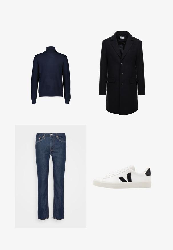Mørk navy uldfrakke med skræddersyet pasform, enkelt knaplukning, spidse klapper og to forlommer, med knaplukning.; Mørkeblå turtleneck sweater lavet af et blødt strikstof. Har lange ærmer samt en ribbet krave og kant. Ingen mønstre eller accenter synlige.; Mørkeblå lige ben denim jeans med orange søm, fem lommer og en frontknap samt lynlås.; Hvide lædersneakers med sorte ruskindsdetaljer; har en gummisål, rund tå og klassisk snørebåndsdesign. Side logo i sort.